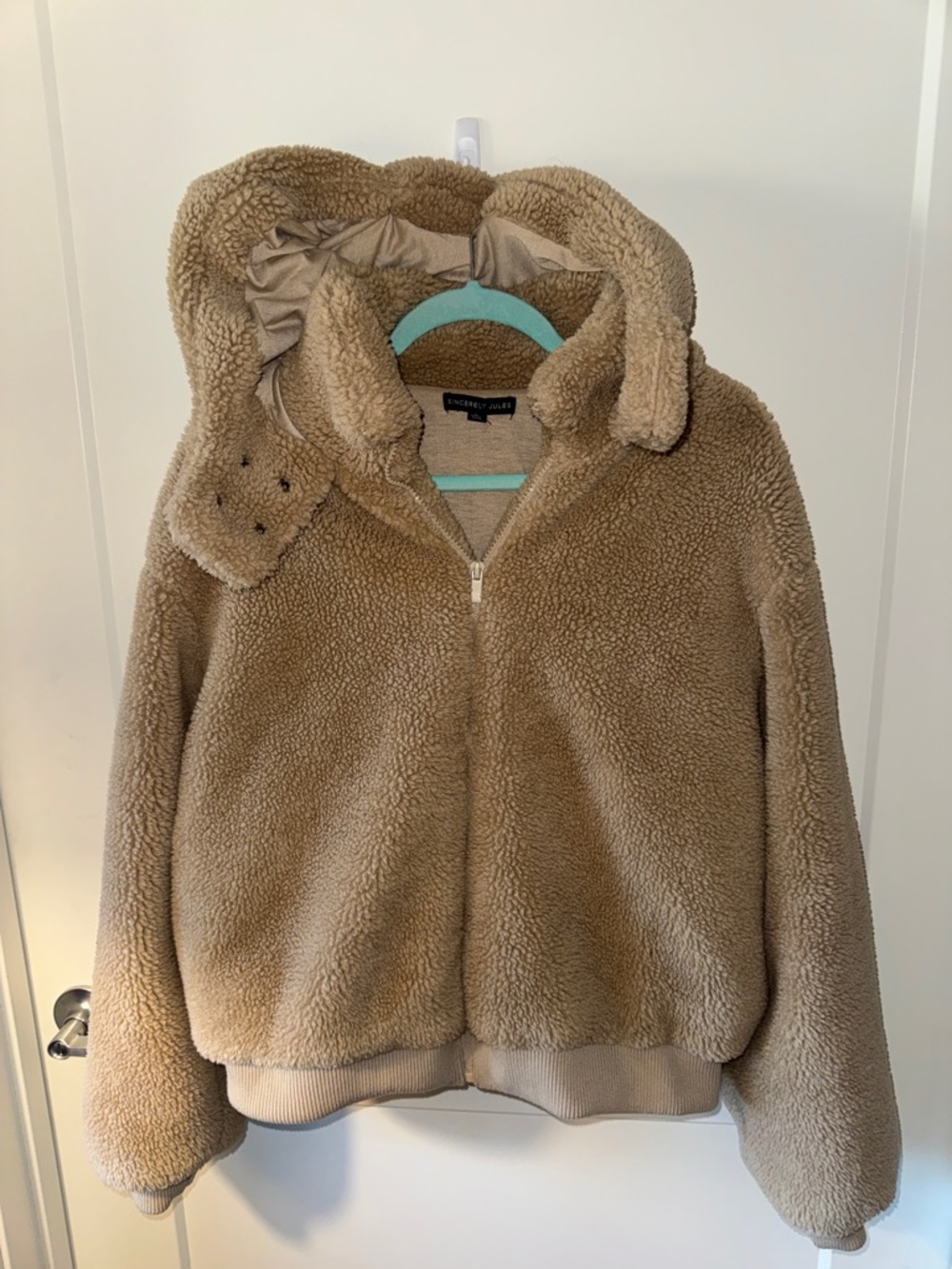 Sincerely Jules Teddy Sherpa Hoodie Jacket - Camel Brown Large